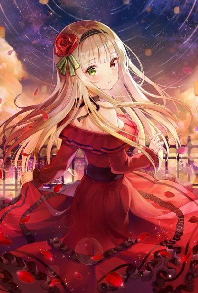 Hình ảnh nữ anime xinh đẹp trong bộ váy đỏ