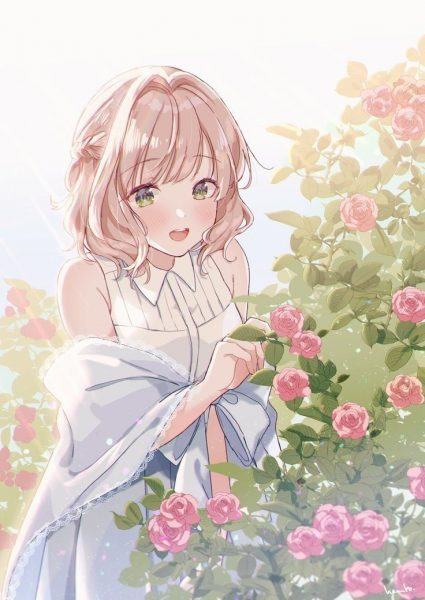 Anime girl với hình nền hoa hồng