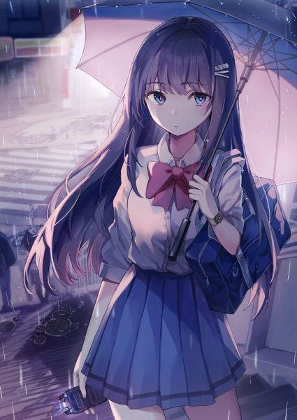 Một nữ sinh anime cầm ô trong mưa