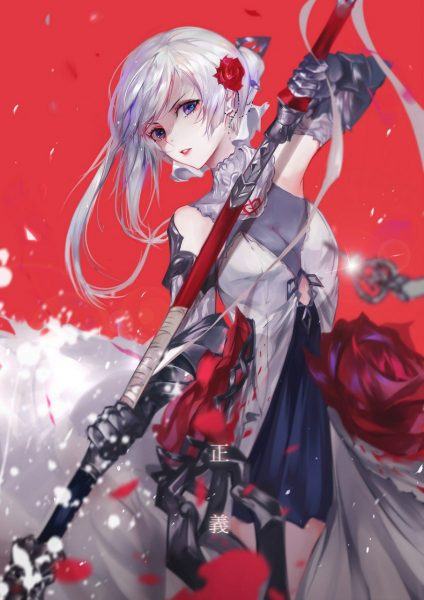 Một nhân vật anime nữ tóc trắng với một thanh kiếm