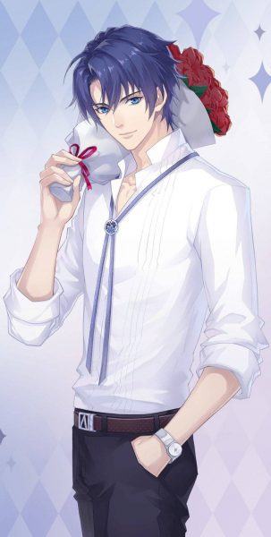 Một bức chân dung anime của một người đàn ông đẹp trai đang cầm hoa