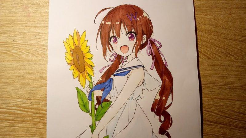 Vẽ anime cầm hoa hướng dương