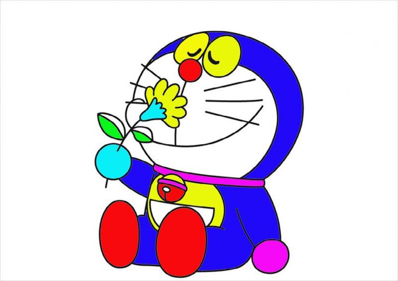 Vẽ Doraemon ngồi ngửi hoa