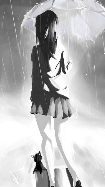 Một cô gái anime đen trắng đi dưới mưa