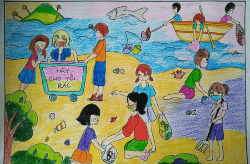 Vẽ bức tranh đơn giản về cuộc sống xung quanh em học sinh lớp 5 nhặt rác