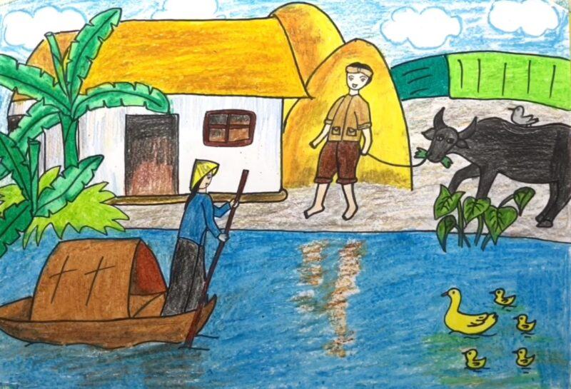Vẽ cuộc sống quanh em làng quê, con thuyền trên sông, ao hồ