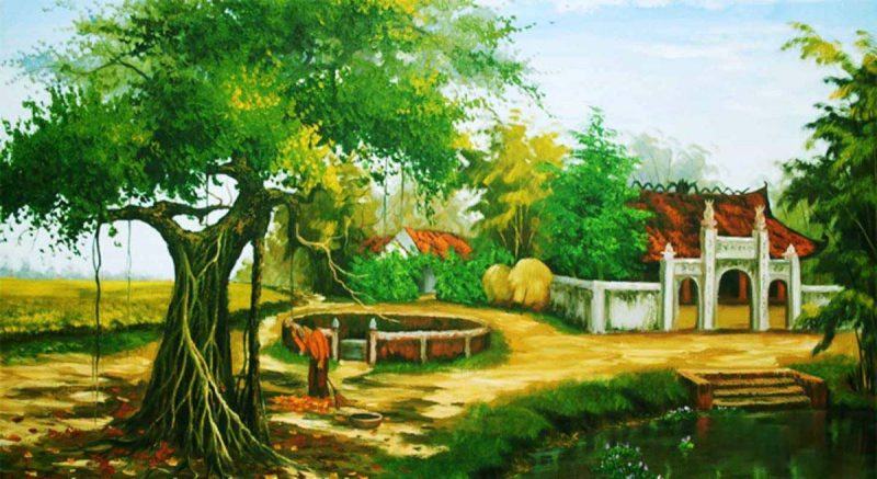 Bức tranh thể hiện tình yêu quê hương, cây đa đầu làng