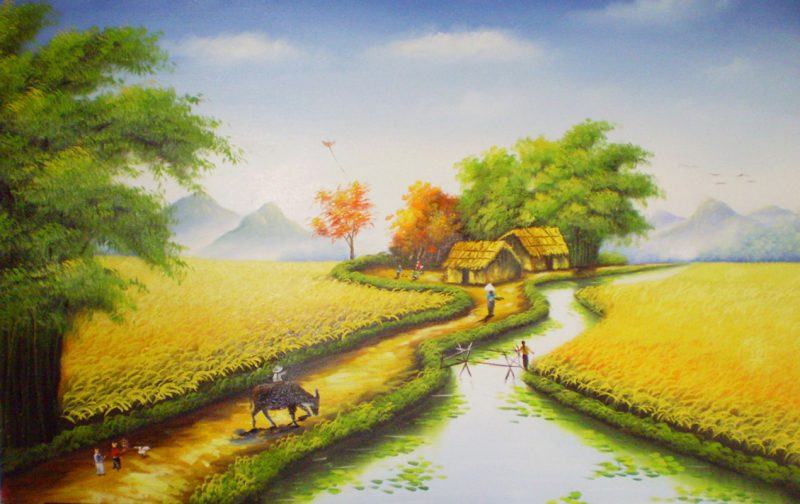 Vẽ tranh về chủ đề tình yêu quê hương cánh đồng lúa bát ngát