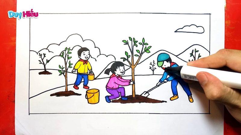 Vẽ tranh bảo vệ môi trường, bé trồng cây