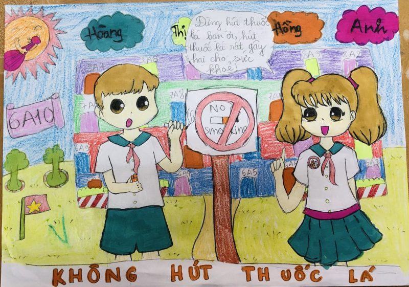 Hai học sinh vẽ tranh về chủ đề thế giới không khói thuốc