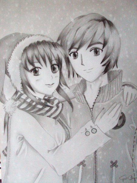 Hình ảnh đen trắng của một cặp đôi yêu nhau dưới tuyết
