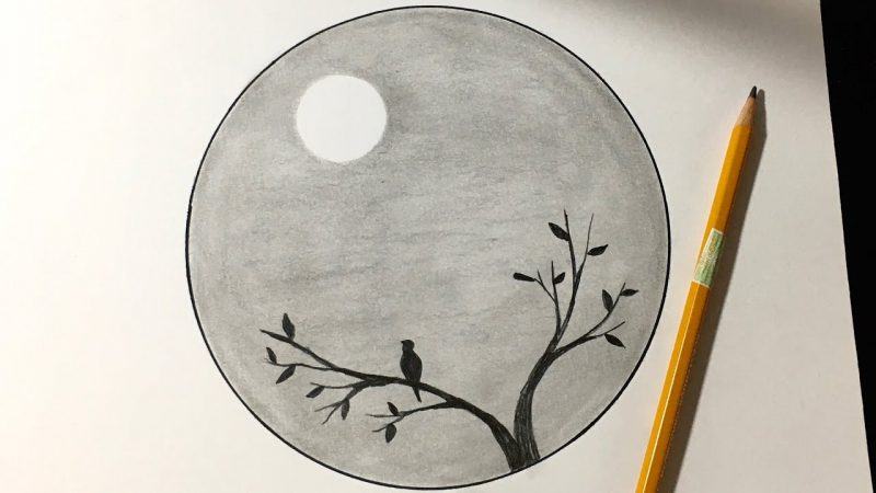 Ảnh đen trắng mặt trăng và cành cây
