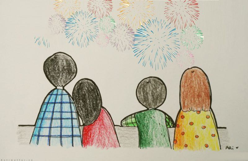 Bút chì vẽ pháo hoa năm mới cùng gia đình