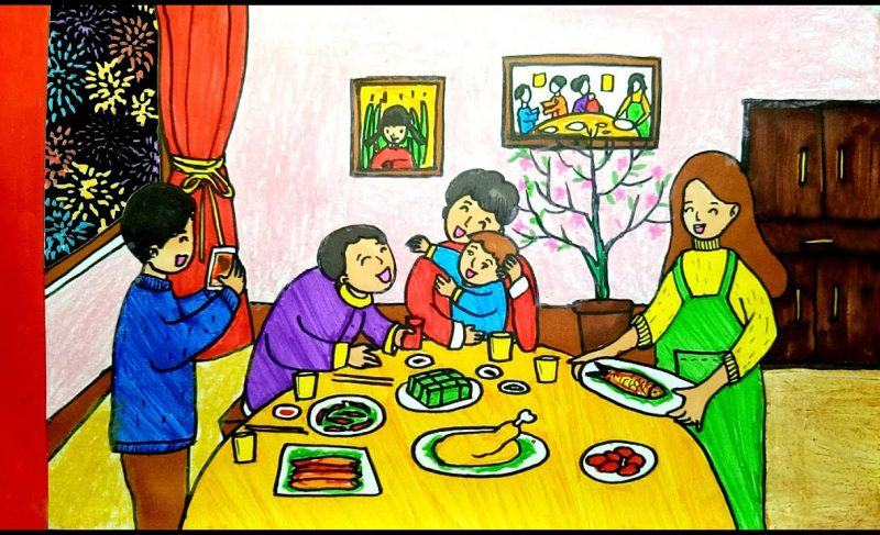 Vẽ tranh trang trí gia đình ngày Tết