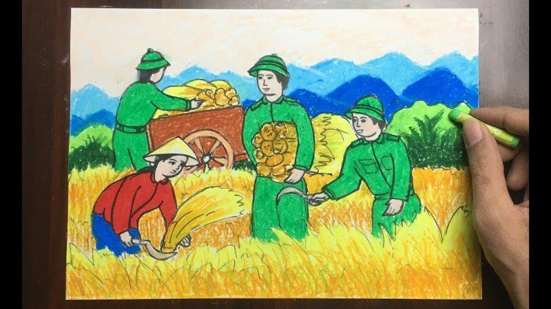 Em vẽ chú bộ đội cắt lúa giúp dân