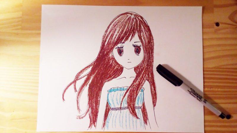 Cô gái tóc nâu xinh đẹp vẽ anime