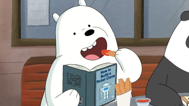 một bức tranh màu trắng của một con gấu đang ăn