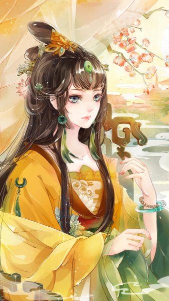 Hình ảnh phụ nữ anime Trung Quốc với cổ áo màu vàng