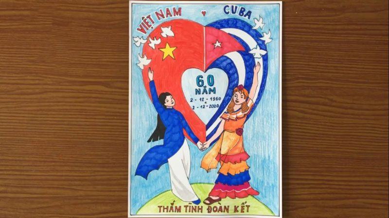 Vẽ tranh chủ đề tình hữu nghị nắm tay nhau Việt Nam Cuba