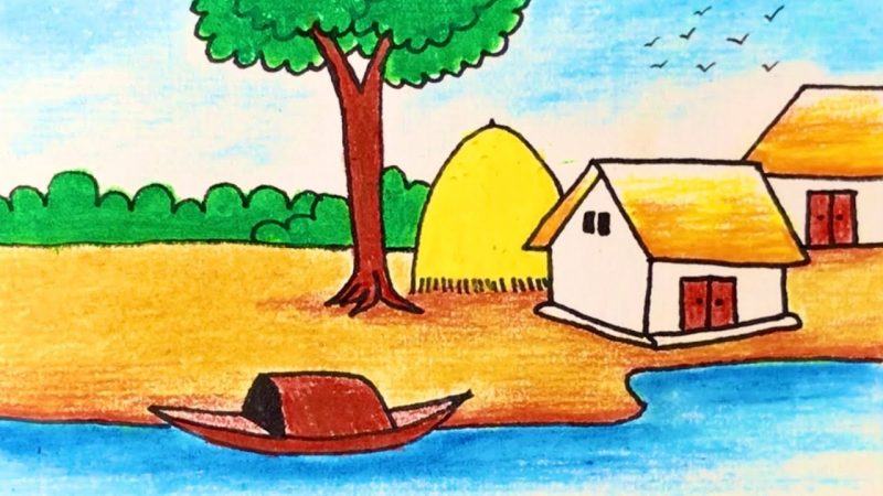 Một bức tranh phong cảnh đơn giản thuyền trên sông