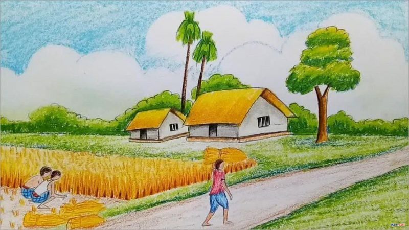 Tranh vẽ cảnh thu hoạch lúa ở quê đơn giản.