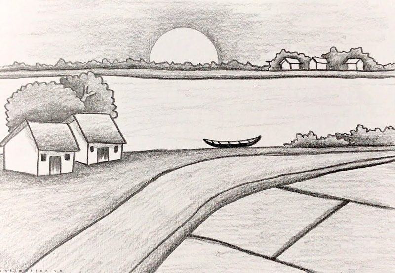 Vẽ một bức tranh về ngôi làng của bạn bằng bút chì