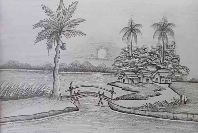 Một bức tranh phong cảnh làng quê đơn giản dễ vẽ