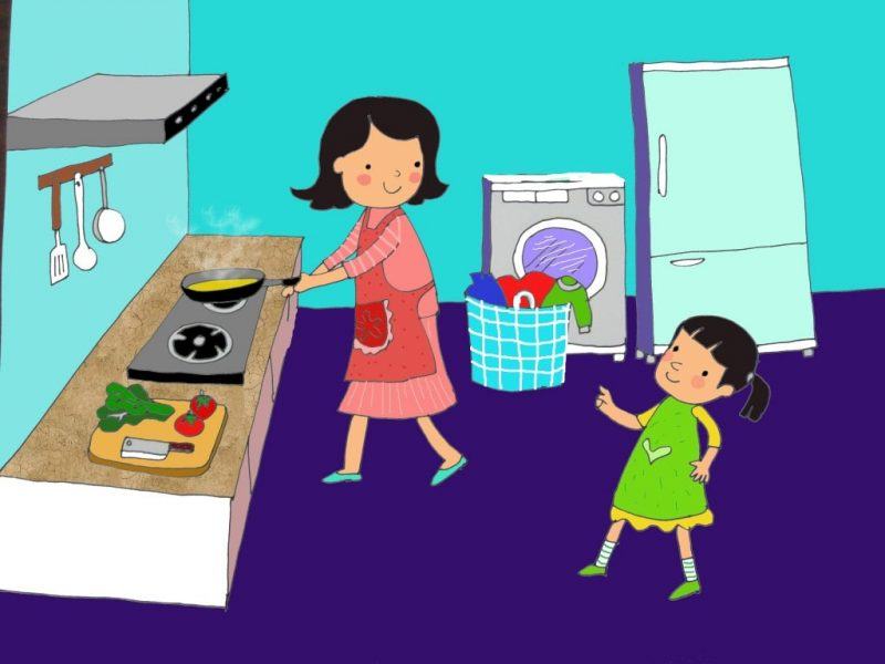 Vẽ bức tranh mẹ của đứa trẻ đang nấu ăn