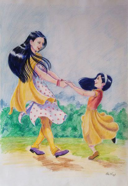 Vẽ một bức tranh mẹ của một đứa trẻ đang cười