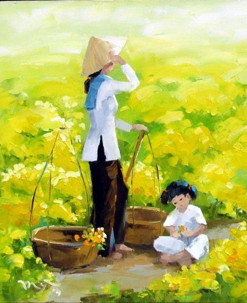 Hình ảnh mẹ và em trên cánh đồng hoa vàng