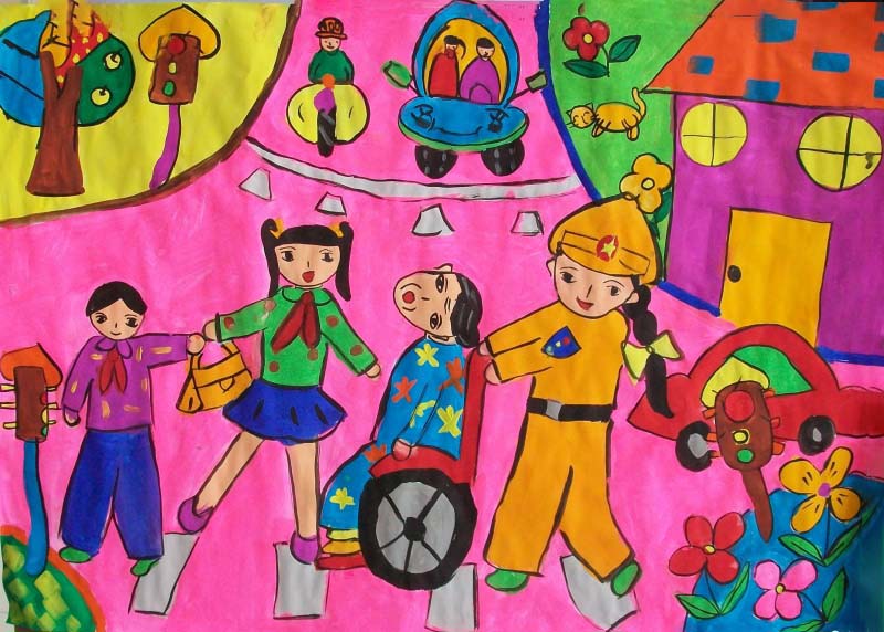 Vẽ tranh về chủ đề an toàn giao thông, các em thiếu nhi và CSGT giúp người khuyết tật sang đường.