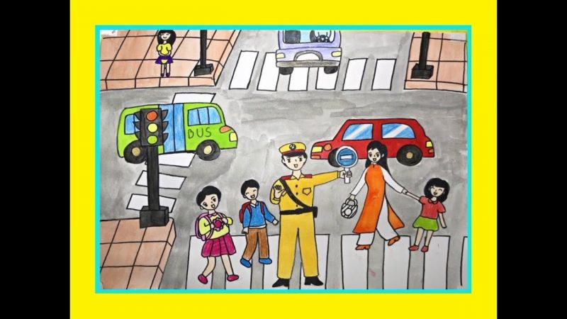Bé vẽ tranh về an toàn giao thông và cảnh sát giao thông