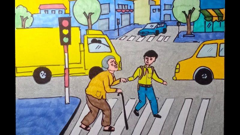 Vẽ về chủ đề an toàn giao thông học sinh dắt cụ già đi trên đường