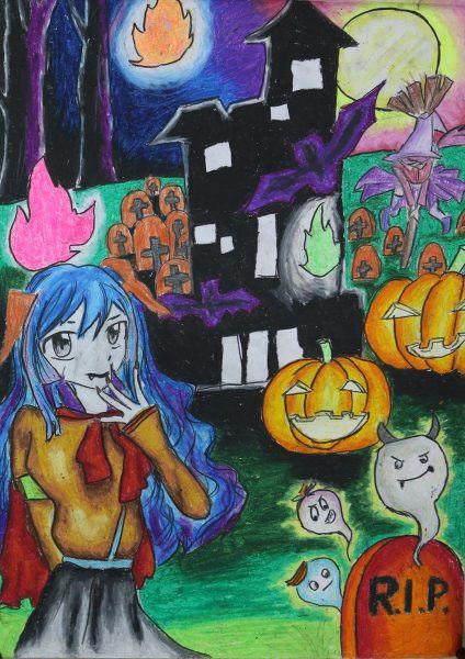Vẽ tranh chủ đề halloween bí ngô và nấm mồ