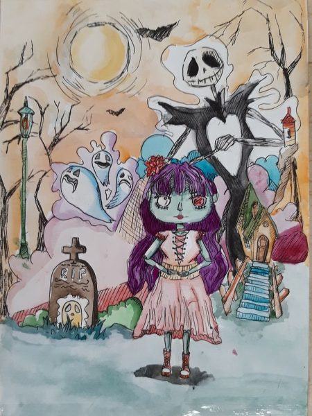 Cô gái Halloween với bức tranh bộ xương