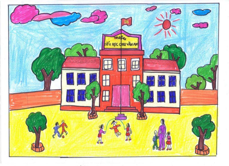 Vẽ tranh trường em - cô hiệu trưởng trường tiểu học Chu Văn An
