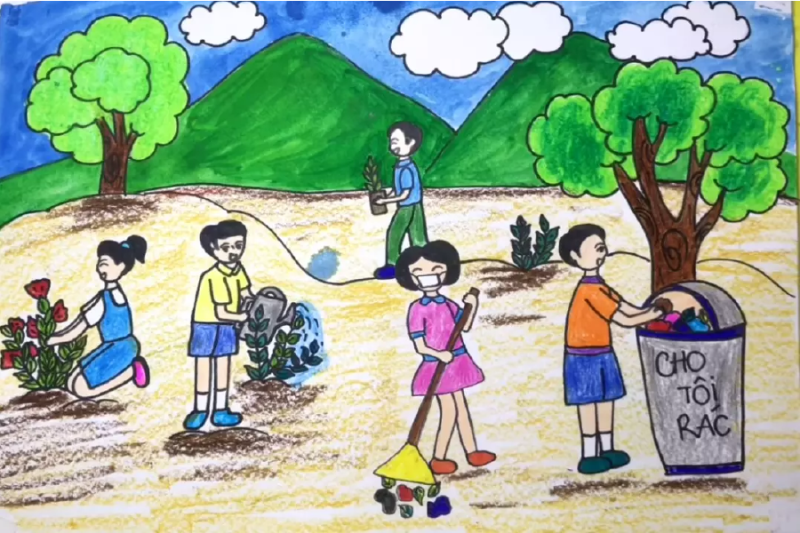 Ý tưởng vẽ tranh của trẻ em để bảo vệ môi trường, trẻ em nhặt rác