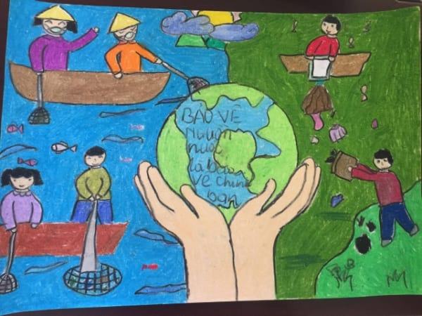 Vẽ ý tưởng của trẻ em để bảo vệ môi trường và cùng nhau yêu thế giới