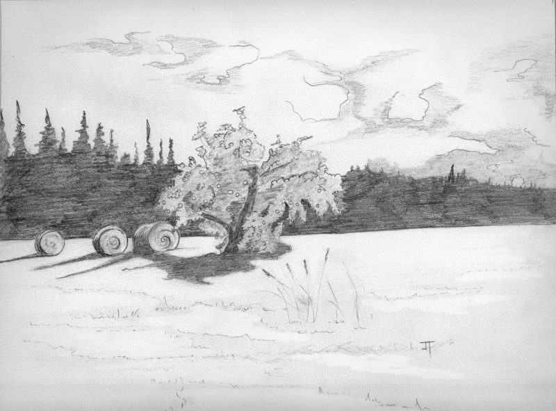 Một bức tranh vẽ phong cảnh trên cánh đồng bằng bút chì