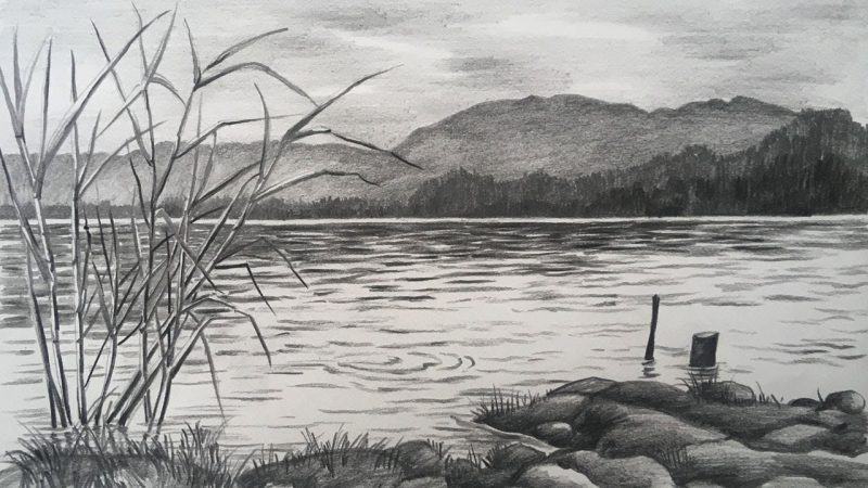 Một bức tranh bút chì bên sông