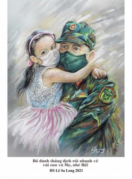Một cô gái đeo mặt nạ đang ôm một người lính và vẽ.