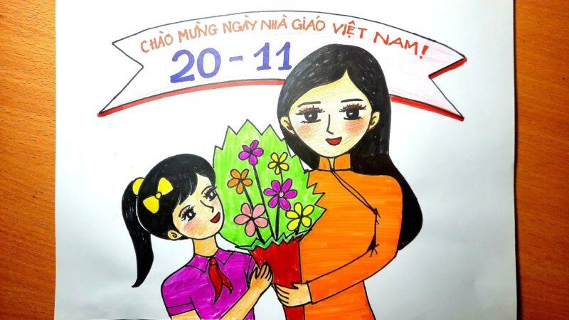 vẽ bức tranh cô giáo tặng hoa ngày nhà giáo việt nam