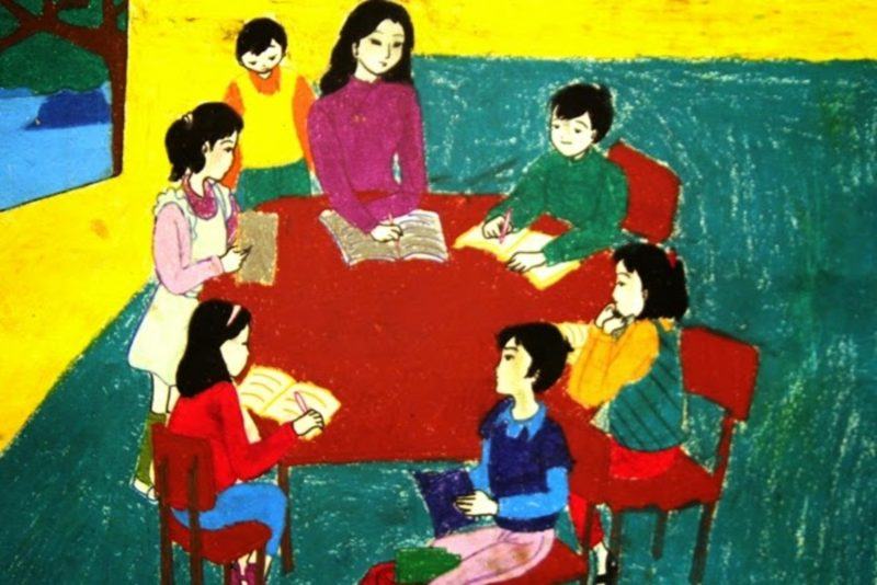 Tranh cô giáo Việt Nam dạy bé học