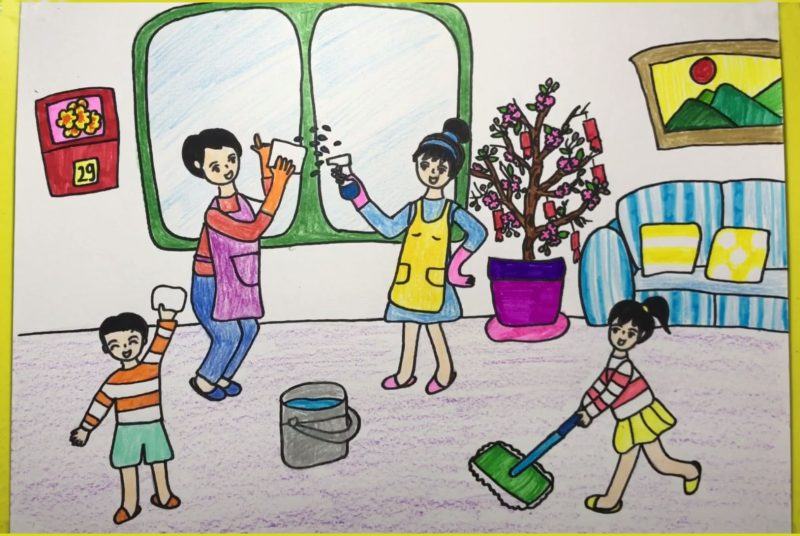 Vẽ tranh chủ đề ngôi nhà, gia đình, giúp mẹ dọn dẹp nhà cửa