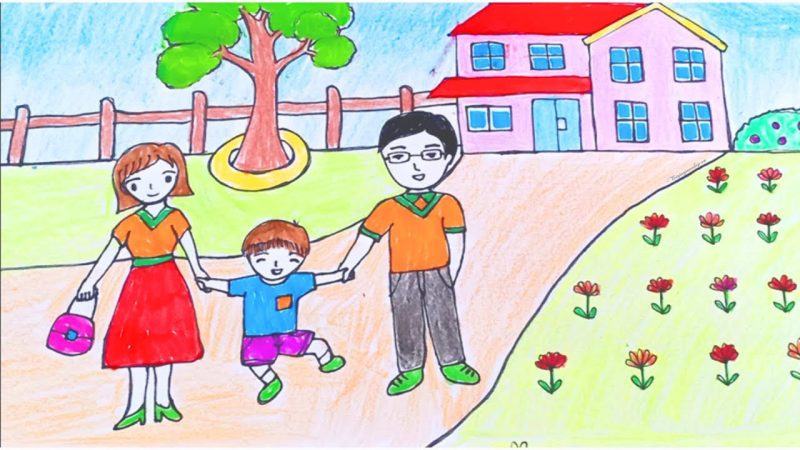 Vẽ một ngôi nhà gia đình của một đứa trẻ nắm tay cha mẹ