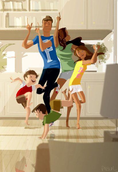 Vẽ tranh gia đình tại nhà cả nhà cười nhảy múa