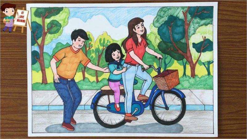 tranh chủ gia đình cùng nhau đi xe đạp