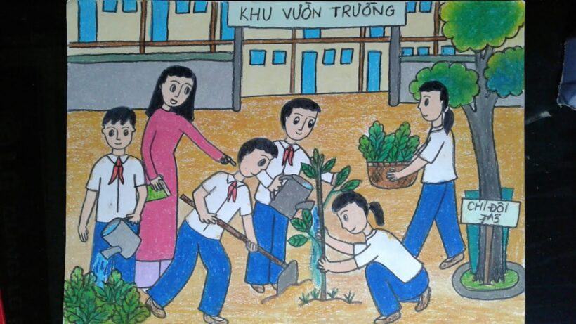 Vẽ một bức tranh về chủ đề trường em và hoạt động trồng cây trong vườn trường của học sinh