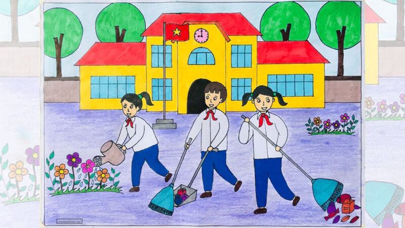 Vẽ tranh trường học của bé và vệ sinh, chăm sóc hoa