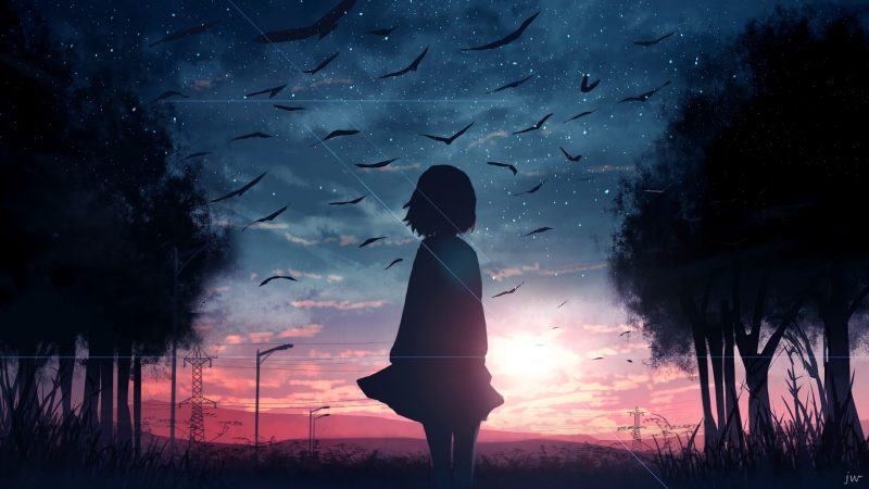 cô gái anime thú nhận cảm xúc của mình trong khi nhìn lên bầu trời